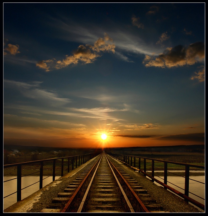 road to the sun... | light, bright, railroad, sunset, sun