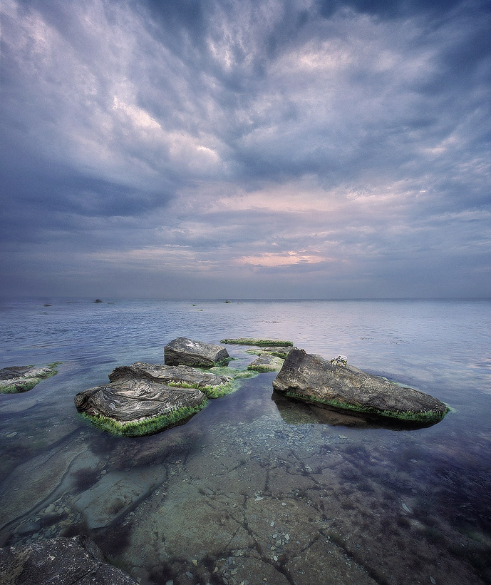 Purple skies | sky, transparent, sea, stones, clouds