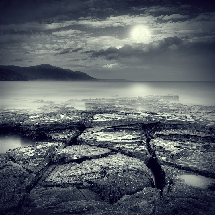 5000 moons back | duotone, night, moon, rock, sea