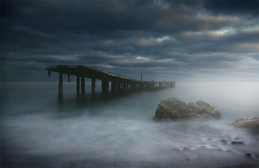 if i shall remain alone... | clouds, river, bridge, fog, rocks