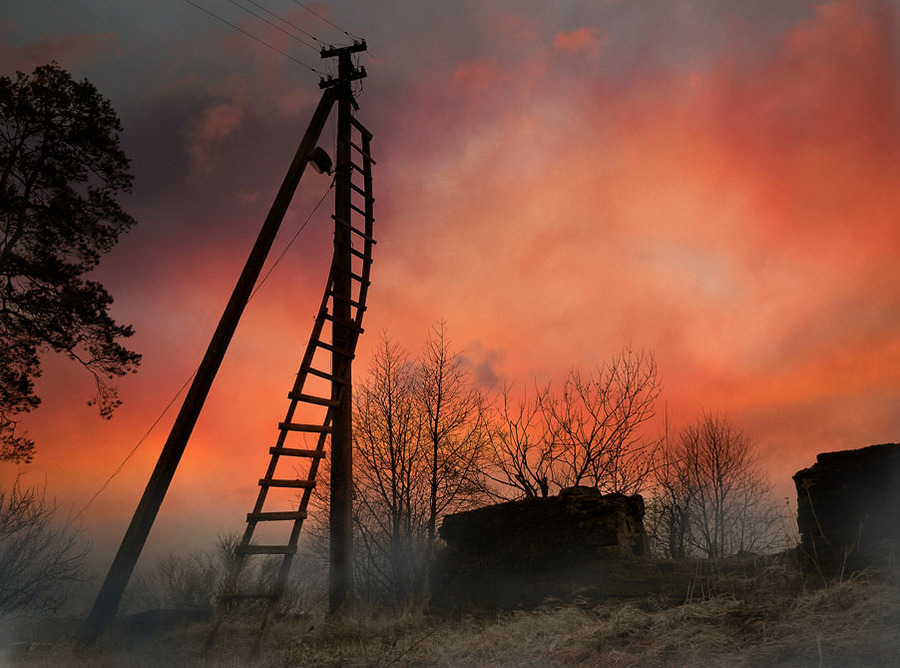 Sunset | silhouette, dusk, sky, powerlines, fog