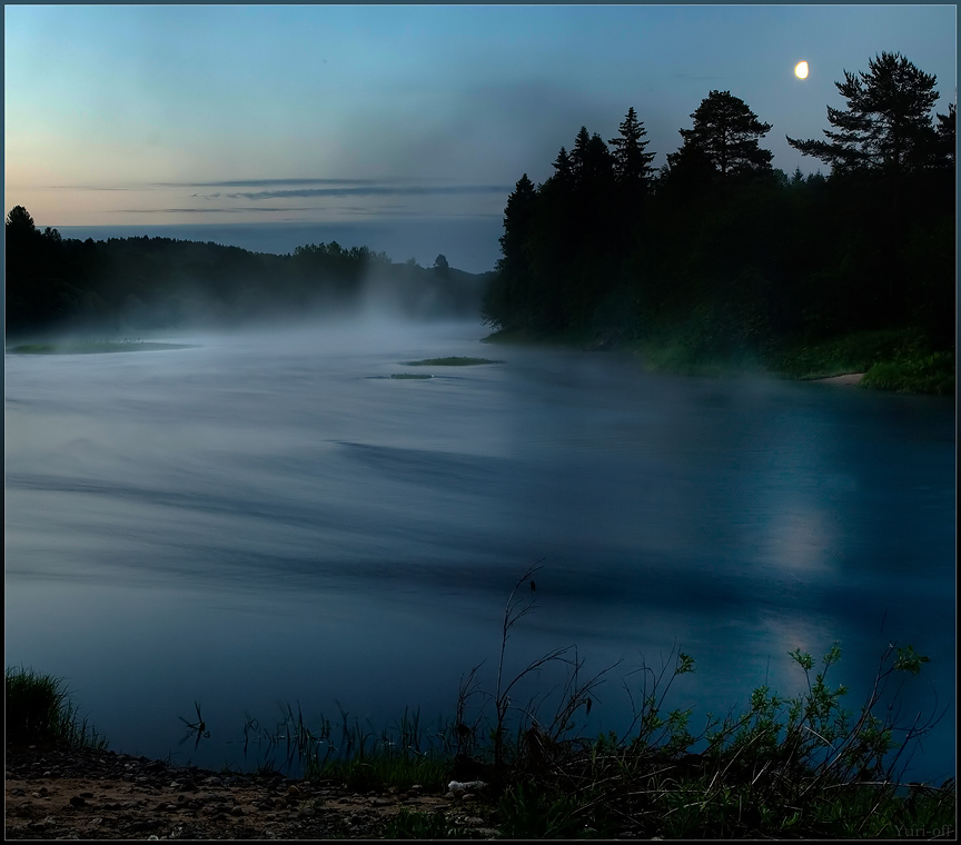 midnight sonata...... | fog, lake, night, moon, forest