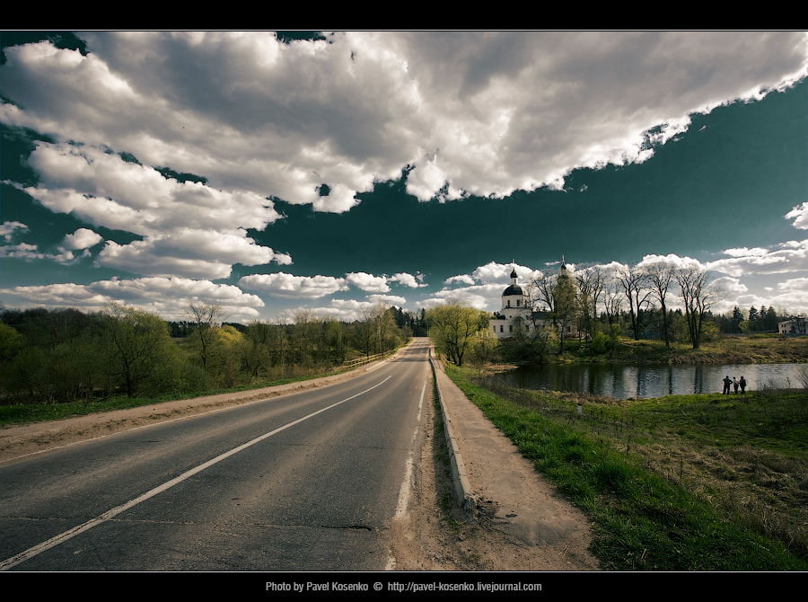 Three without a boat | lake, people, spring, road, church, village