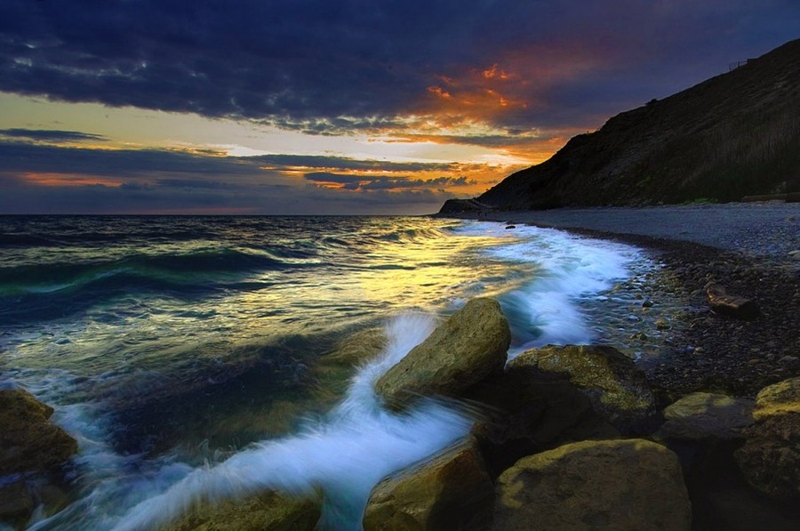 Evening | sea, shore, waves, rocks, dusk