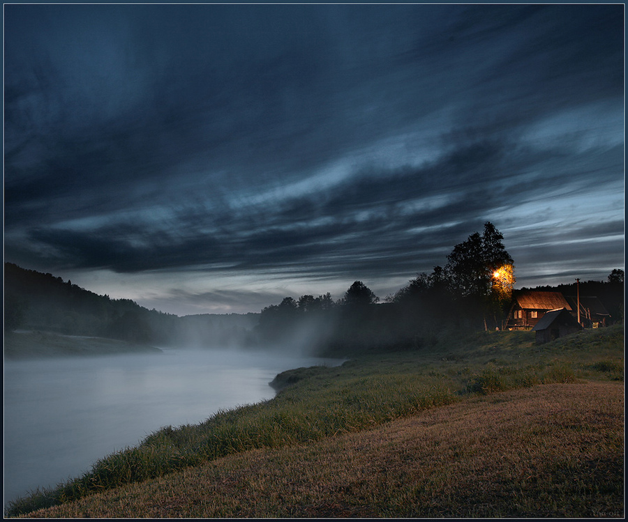 Midnight | river, light, house, fog