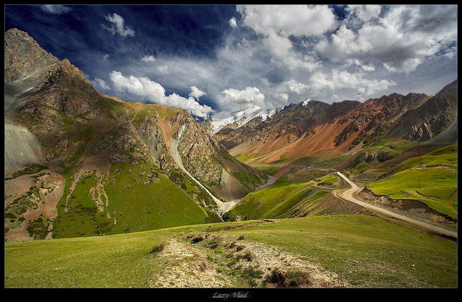 Road to cloudy land | pathway, mountains, green, clouds, sky