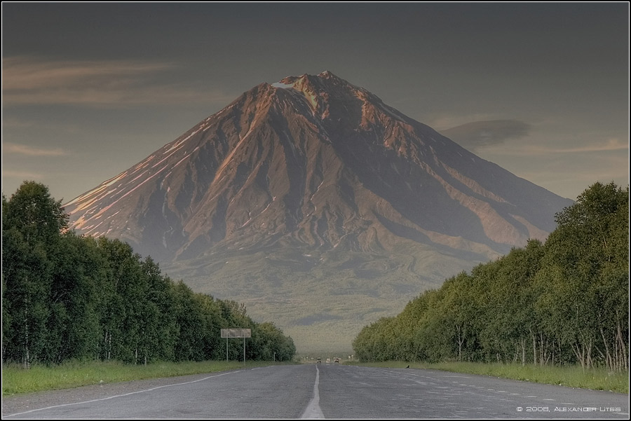 Perspective | volcano, road, trees, mountains