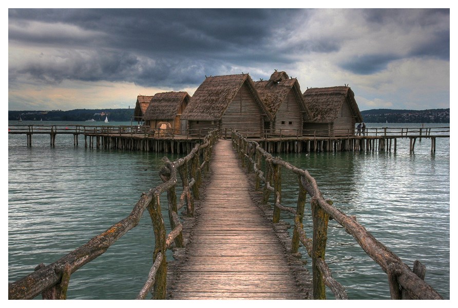 Cottage on a water | clouds, sea, bridge, cottage, village