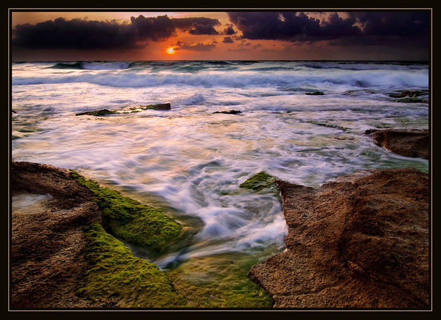 Mediterranean, once upon an evening | sea, sky, foam, clouds, waves, dusk, rocks, shore, evening, hdr