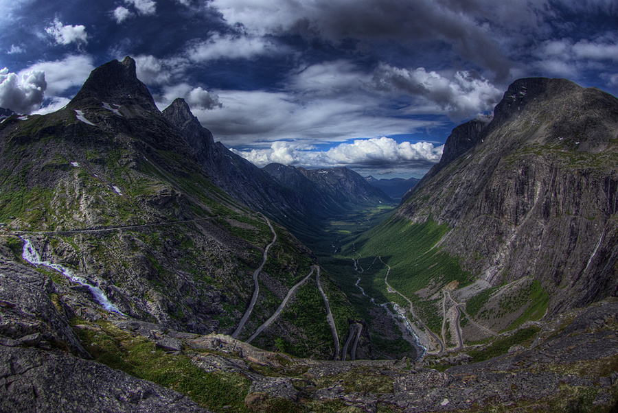 Road of the trolls | mountains, sky, panorama, clouds, rock, pathway, green