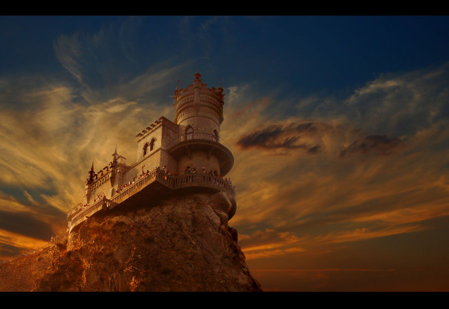 Nest | castle, rendering, clouds, light, rock, house, people, sky