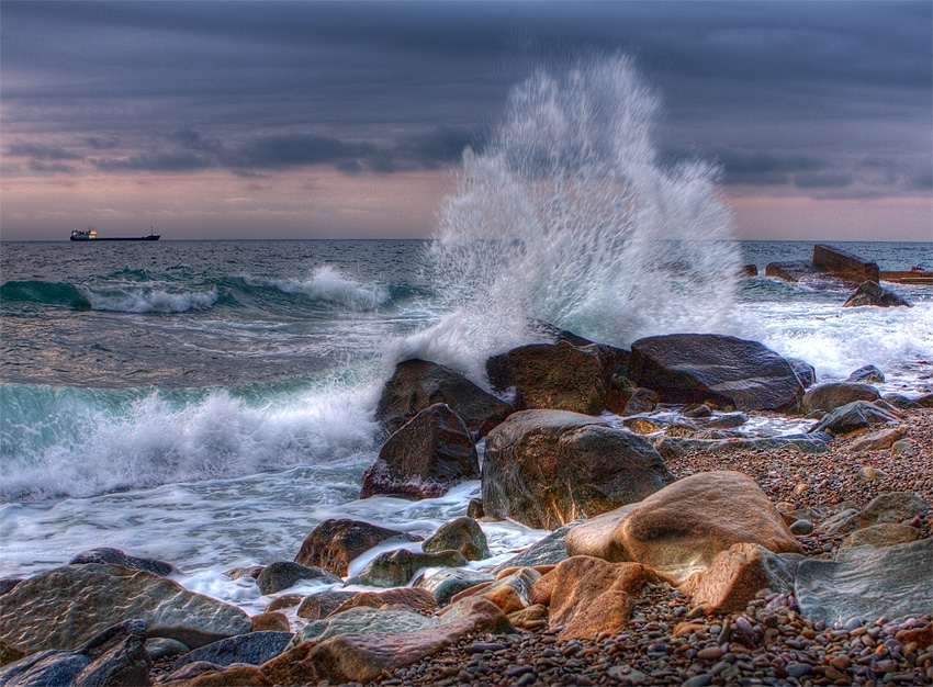 Cold sea | sea, rendering, waves, rocks