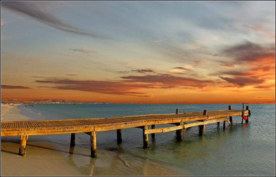 Sunset beach | sea, sand, beach, pier