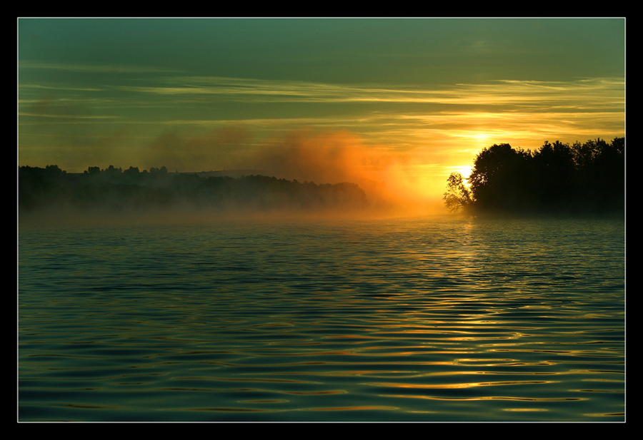 Green sunrise | mist, sun, lake, forest, hdr