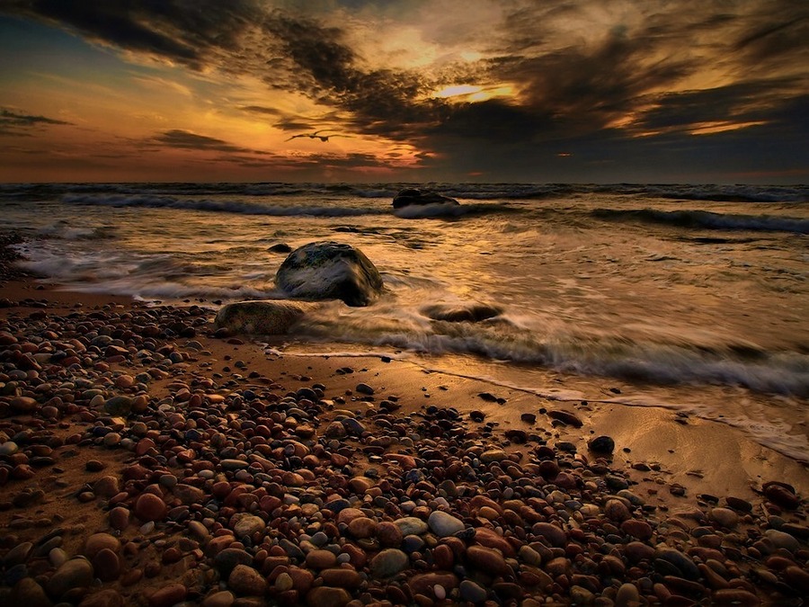 Warm waves | clouds, sea, dusk, shore, hdr