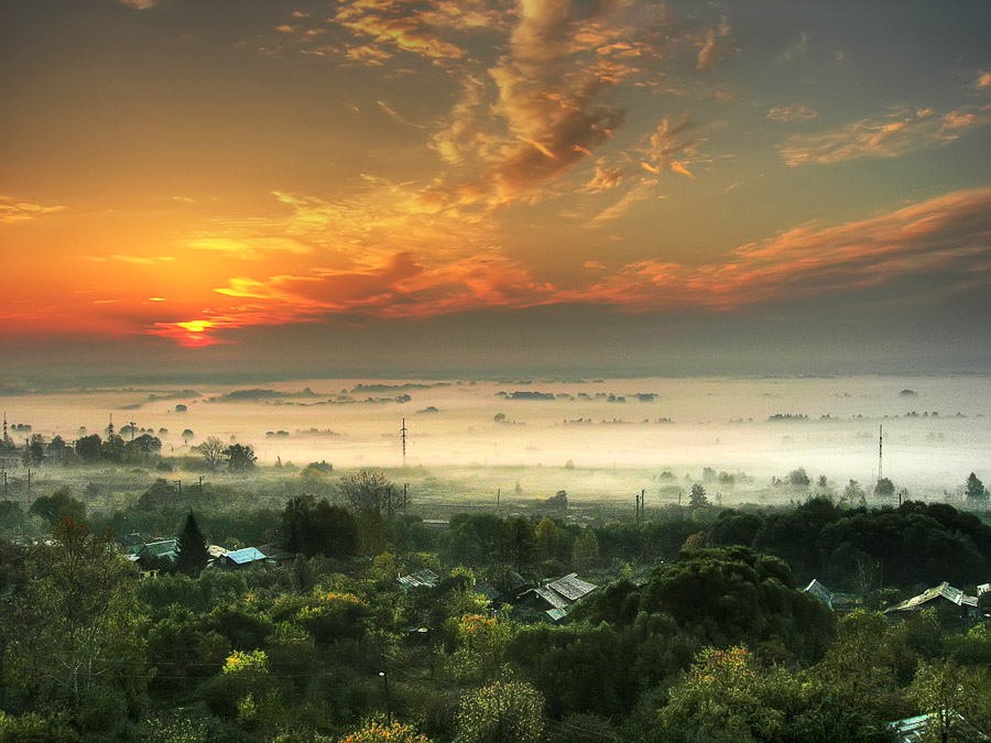 Morning smile | mist, morning, village, sunrise