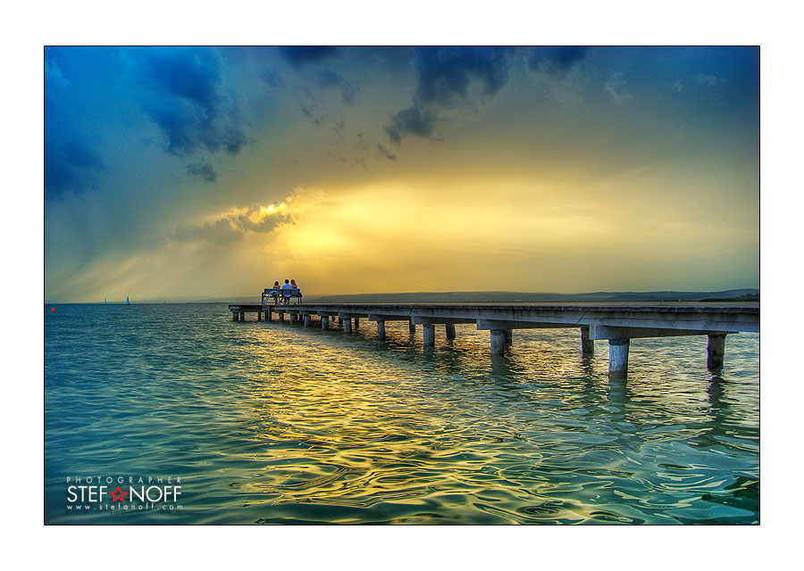 Blue sunset | clouds, sea, people, sunset, wharf