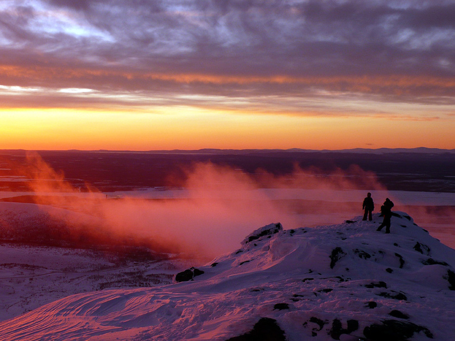 Pioneers | mountains, clouds, snow, people, sunset