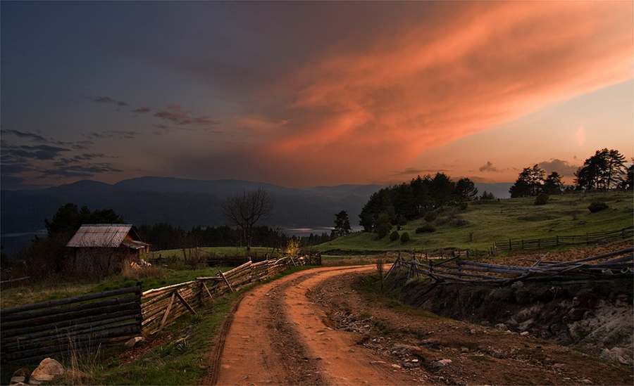 Dusk | house, pathway, field