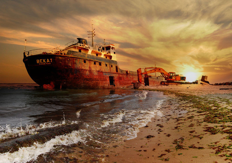 Lost | sunset, ship, sea, surf