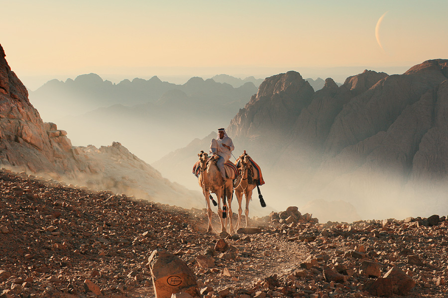 When the moon rises | mountains, animals, stones, people, fog