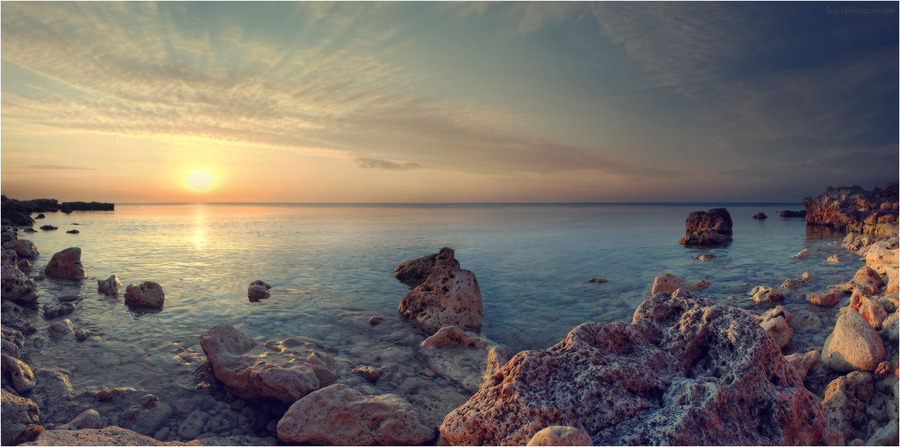 Sunset at the shore | sun, seashore, panorama, sea, rocks, sunset
