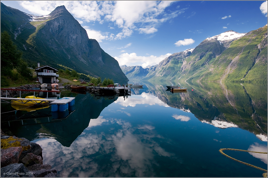 Eikesdal  | river, wharf, reflection, boat, mountains