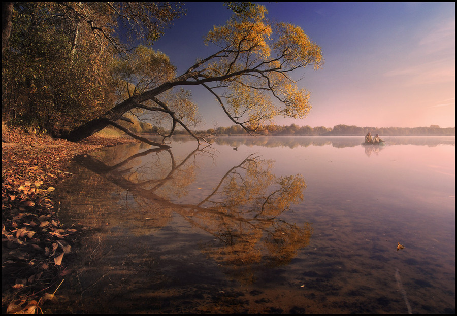 Touching the water | trees, boat, people, lake, reflection