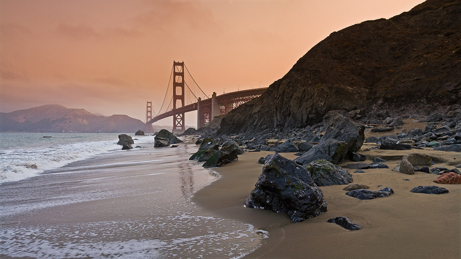 Golden San Frisco | rocks, sea, bridge, beach, surf