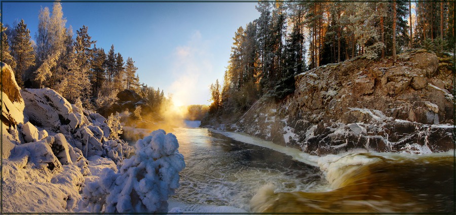 Carelia. Kivach. | winter, river, snow, pine