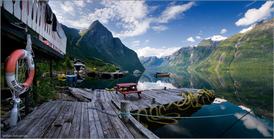 Mountain river | mountains, reflection, wharf, river