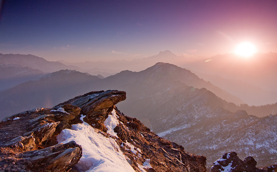 Sunrise at the Himalayas | sun, snow, sunrise, mountains