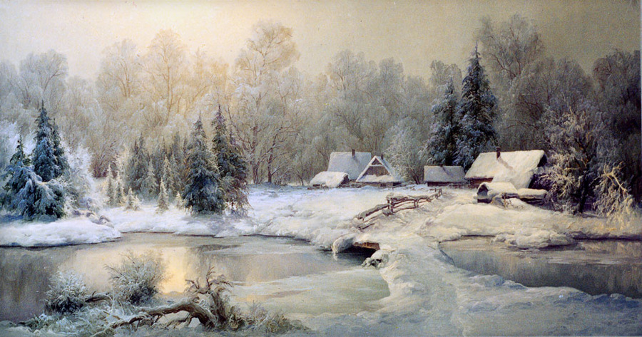 An oil painting | snow, river, forest, winter, house