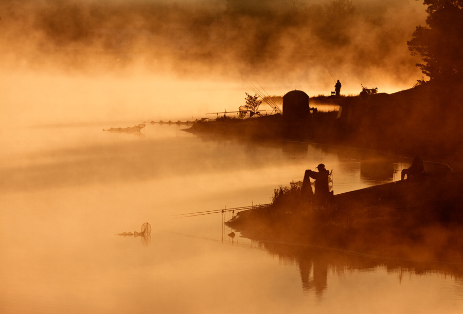 Fishing at dawn | silhouette, lake, fog