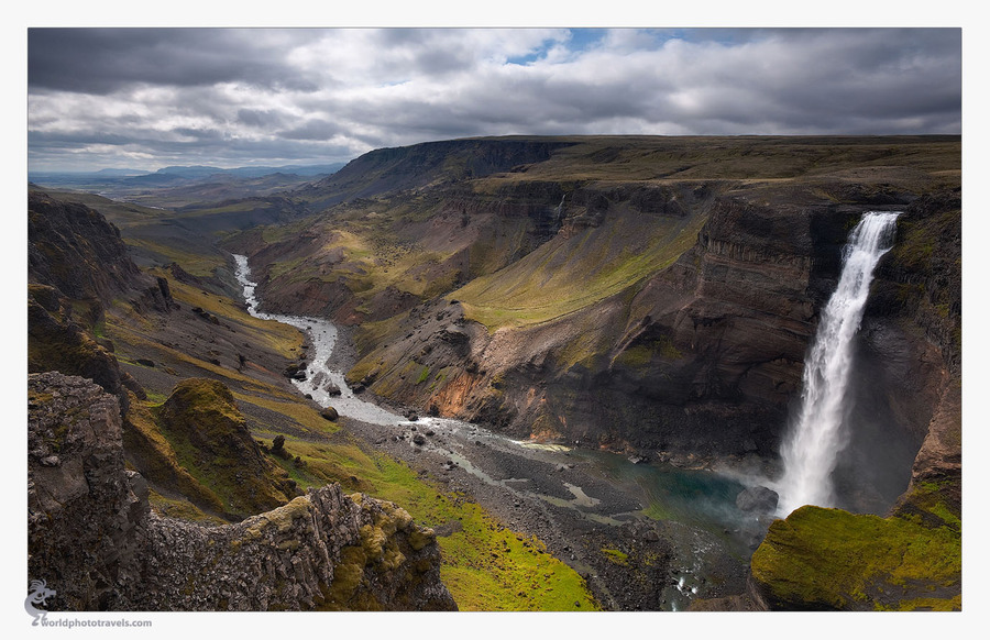 Icelandic waterfall | panorama, mountains, waterfall, valley, river