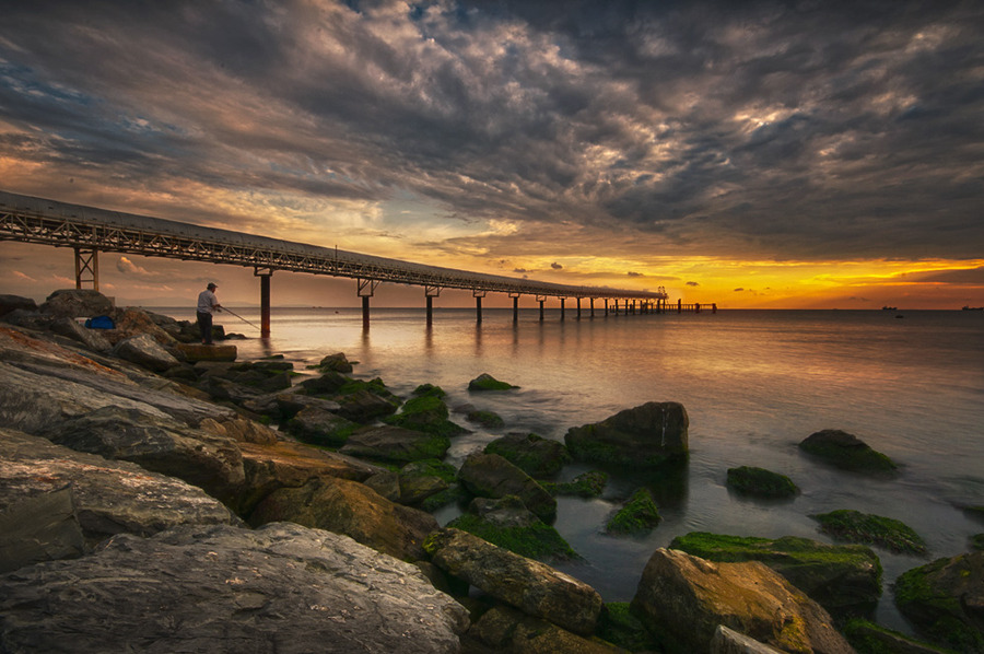 Evening fisherman | sunset, sea, bridge, sky