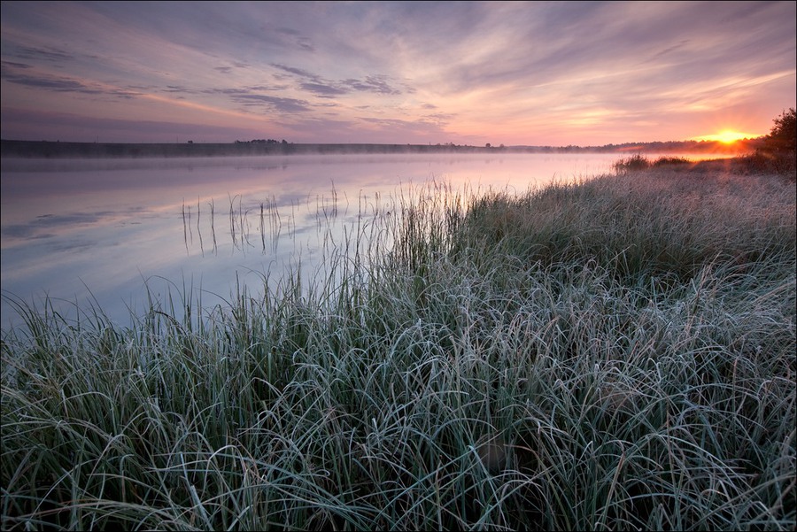 Autumn morning | hoarfrost, sunrise, river