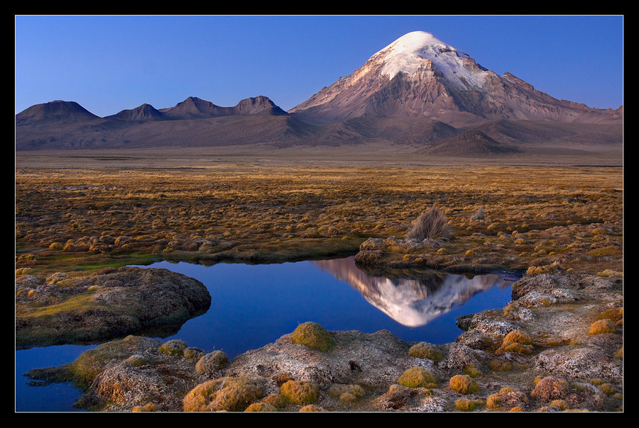 Sajama Volcano | water, volcano, rocks, stones, colourful, sky, reflection, hills