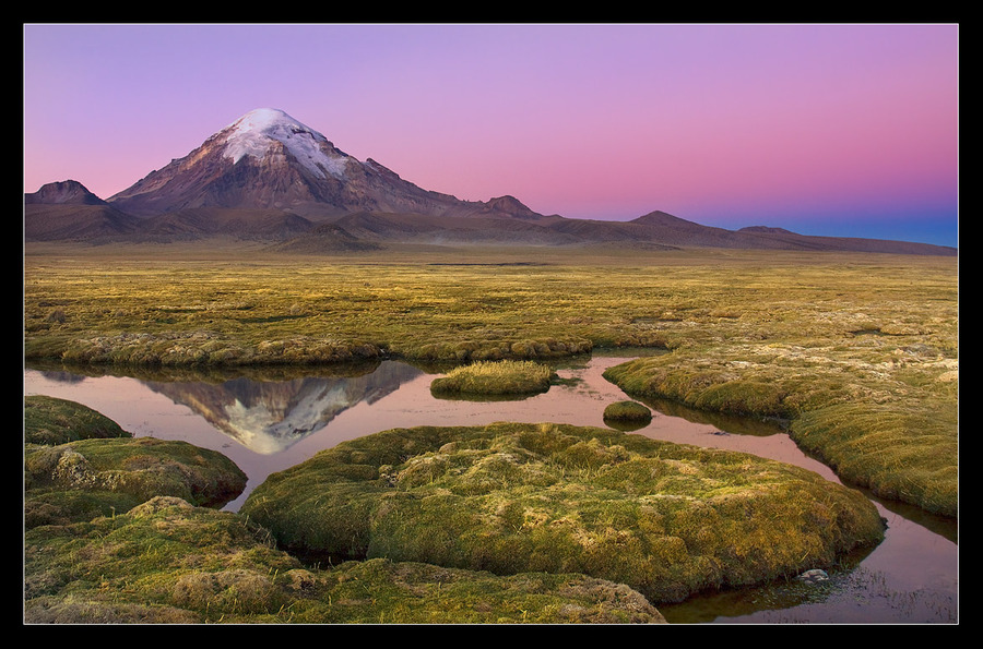 The Sajama volcano | water, volcano, mountains, reflection