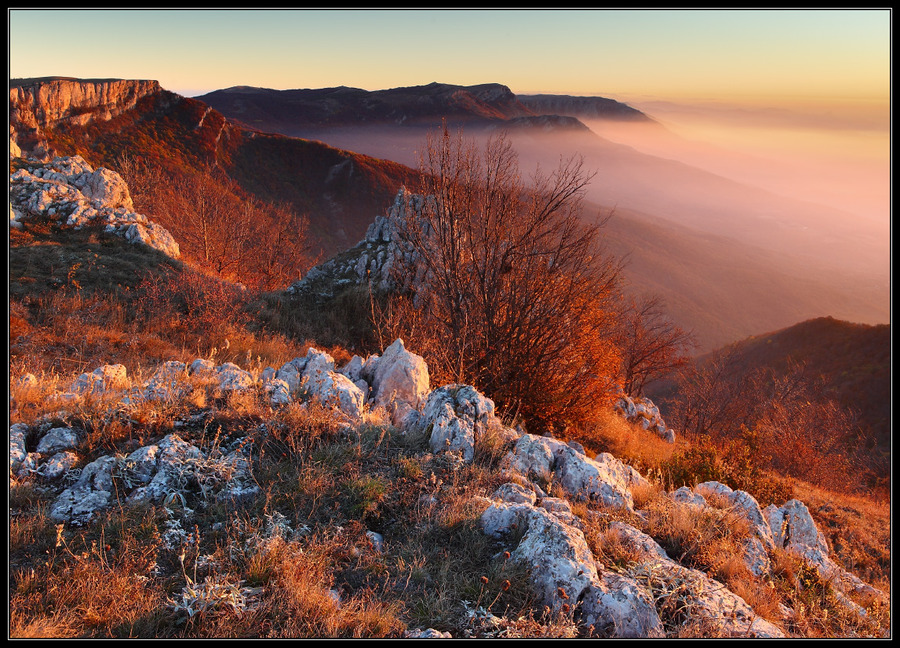 A pink morning | mountains, panorama, fog, morning