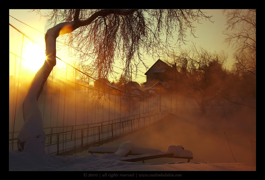The breath of winter | branches, village, tree, house, haze, mist, winter, beams, light, sunlight
