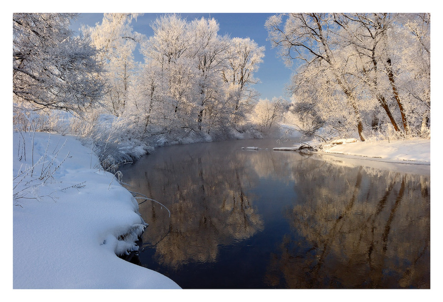 Recent snow | shore, branches, water, trees, winter, hoarfrost, reflection, river, snow