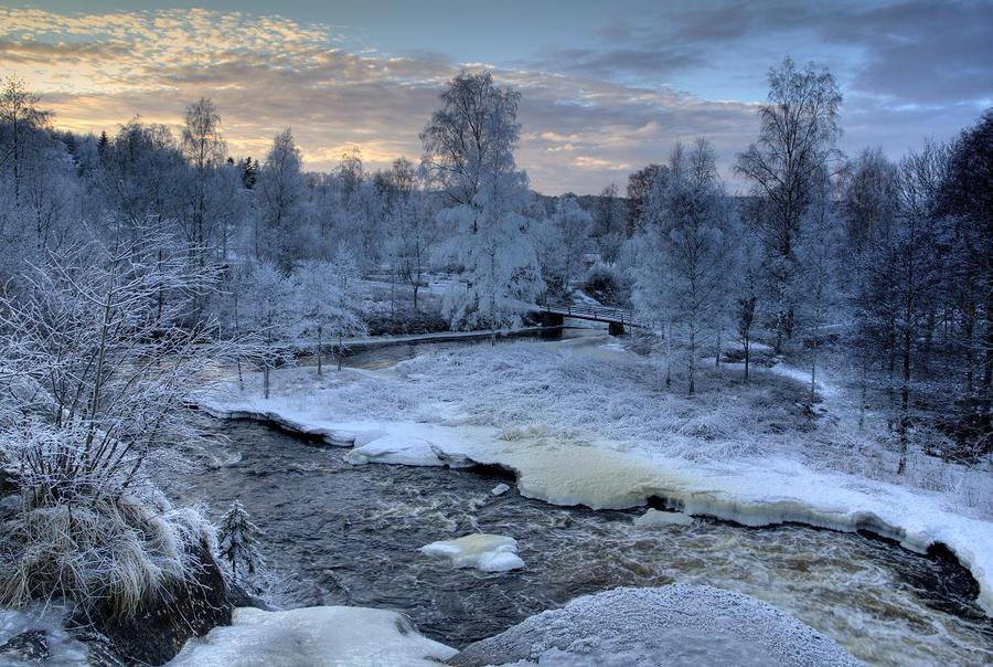 White village | water, village, trees, winter, bridge