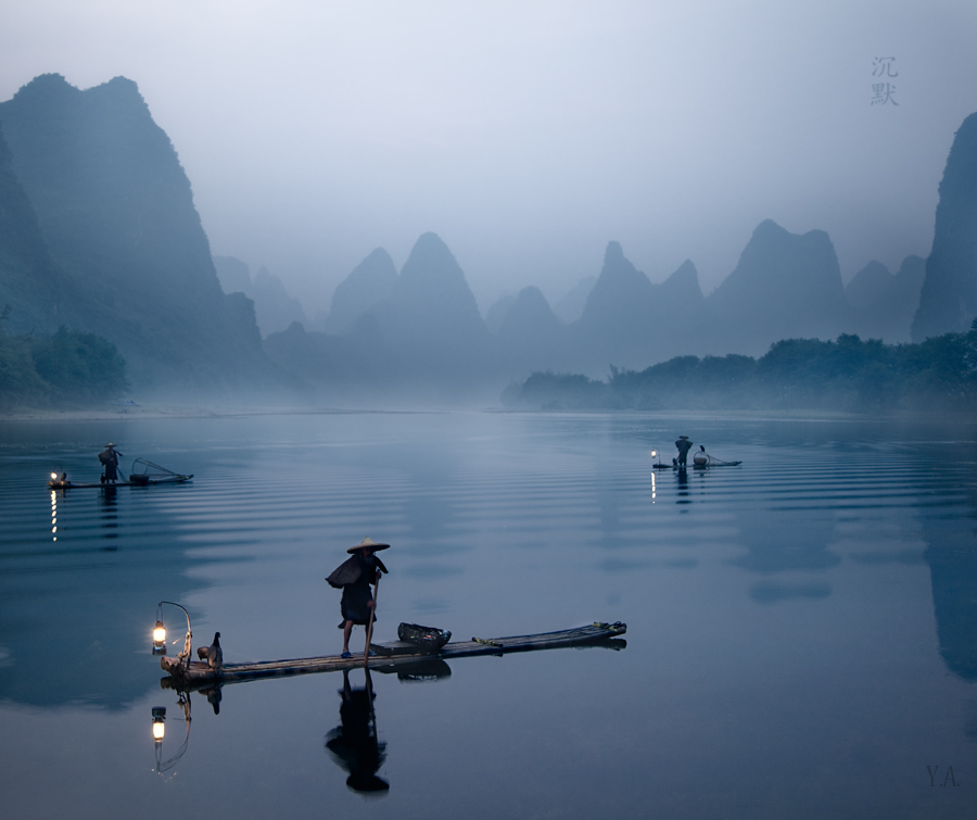 At an early hour | people, dawn, river, hills, China 