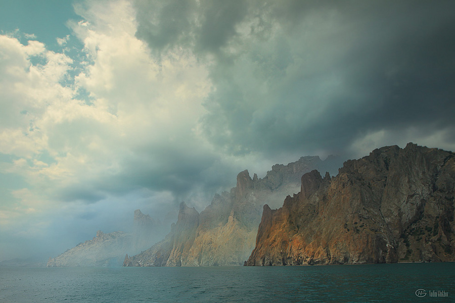 Three angle Kara-Dag | mountains, mist, rocks, sea, clouds