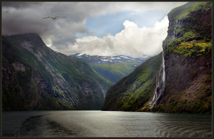 Waterfall in Norway | waterfall, haze, rocks, sea, clouds