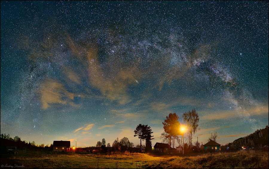 Star arch | evening, village, trees, house, stars