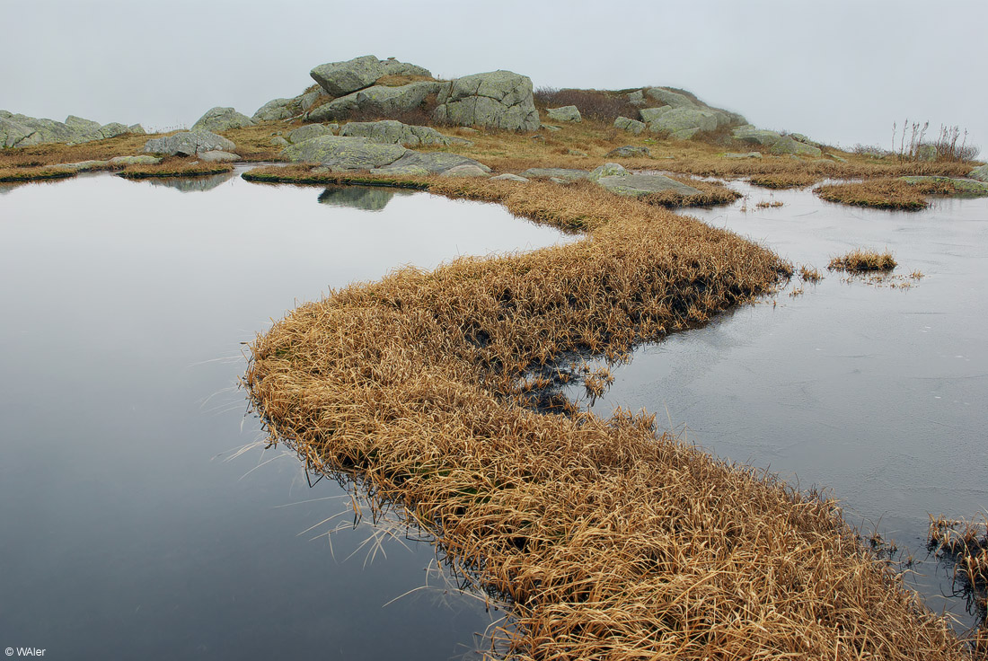 Path between lakes | fog, stone, lake, path