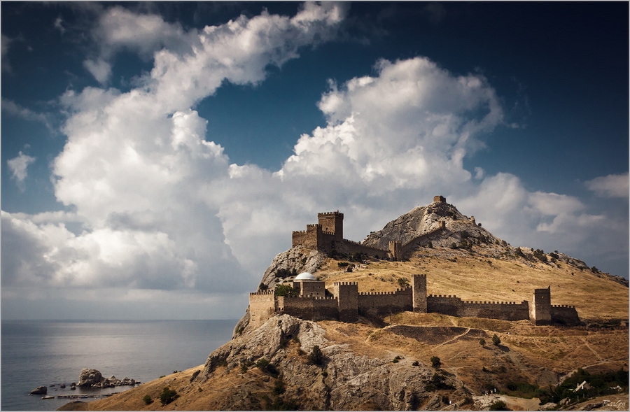 Genoese fortress | shore, skyline , sea, sky, clouds, wharf, fortress