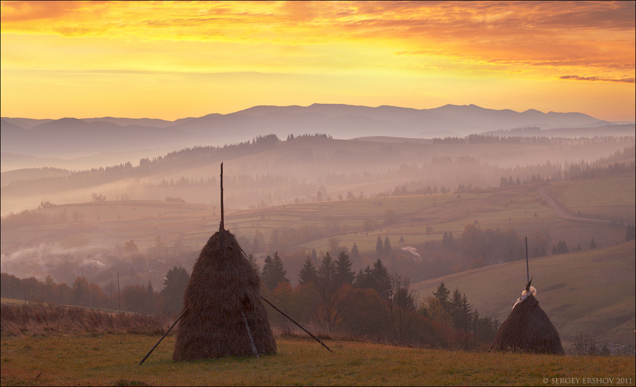 Haystacks  | haystack, dawn, hills, countryside